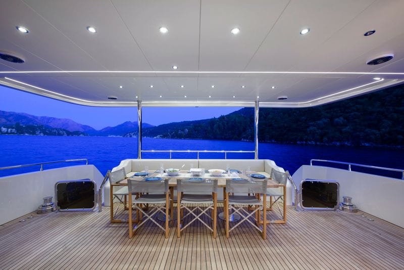 Aft deck lounge and dining with sun awning