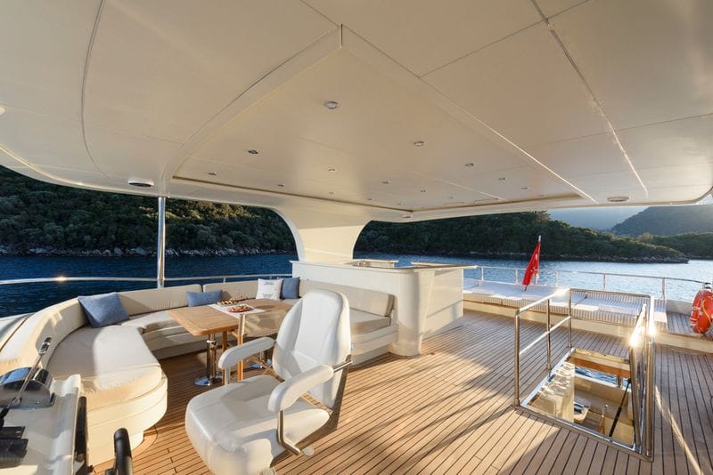 Flybridge lounge, bar, dining, and helm
