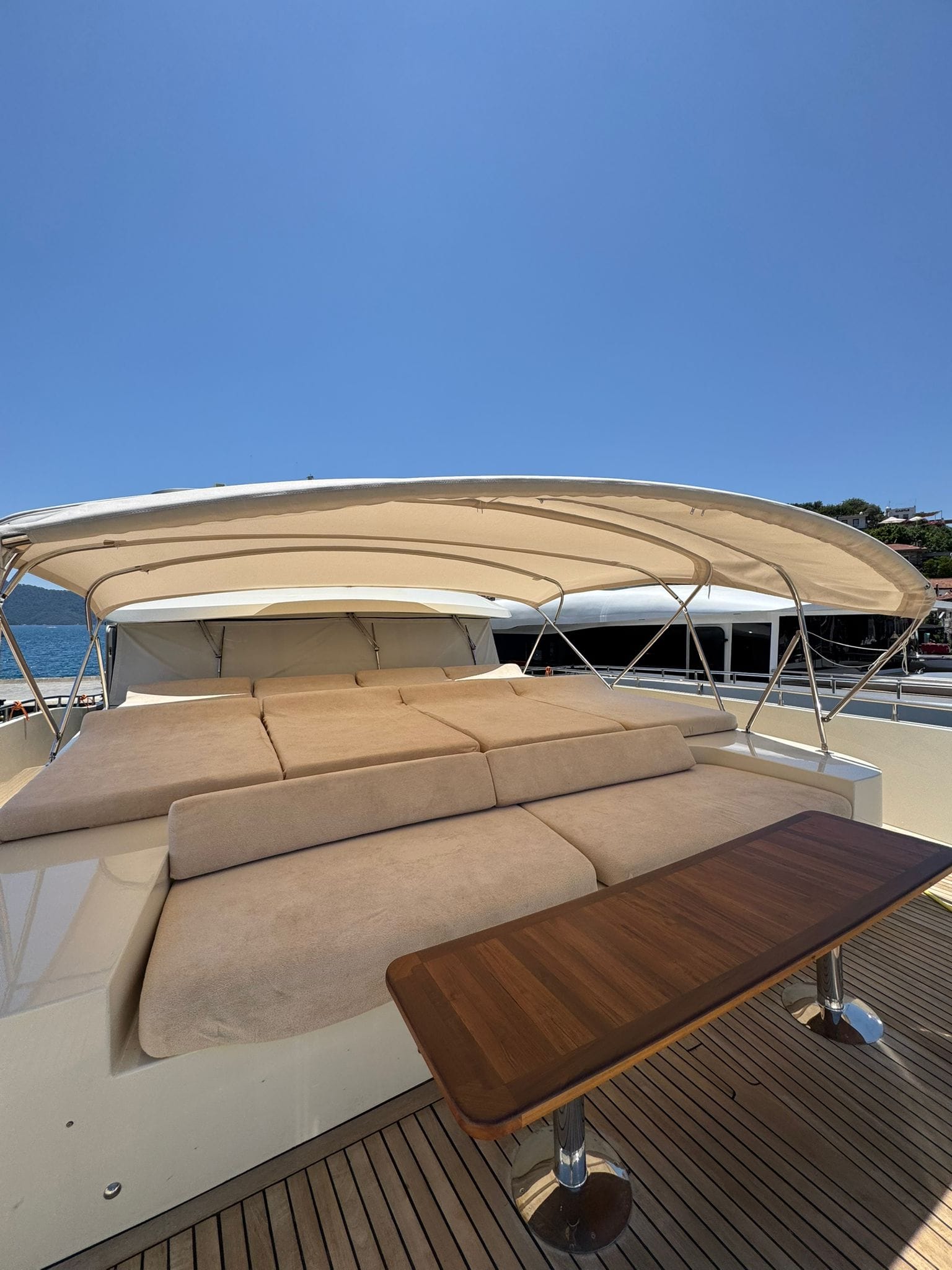 Fore deck sunbathing cushions and towels