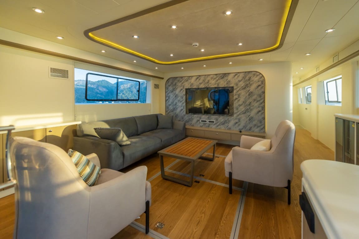 Lycian Dream trawler yacht modern saloon interior