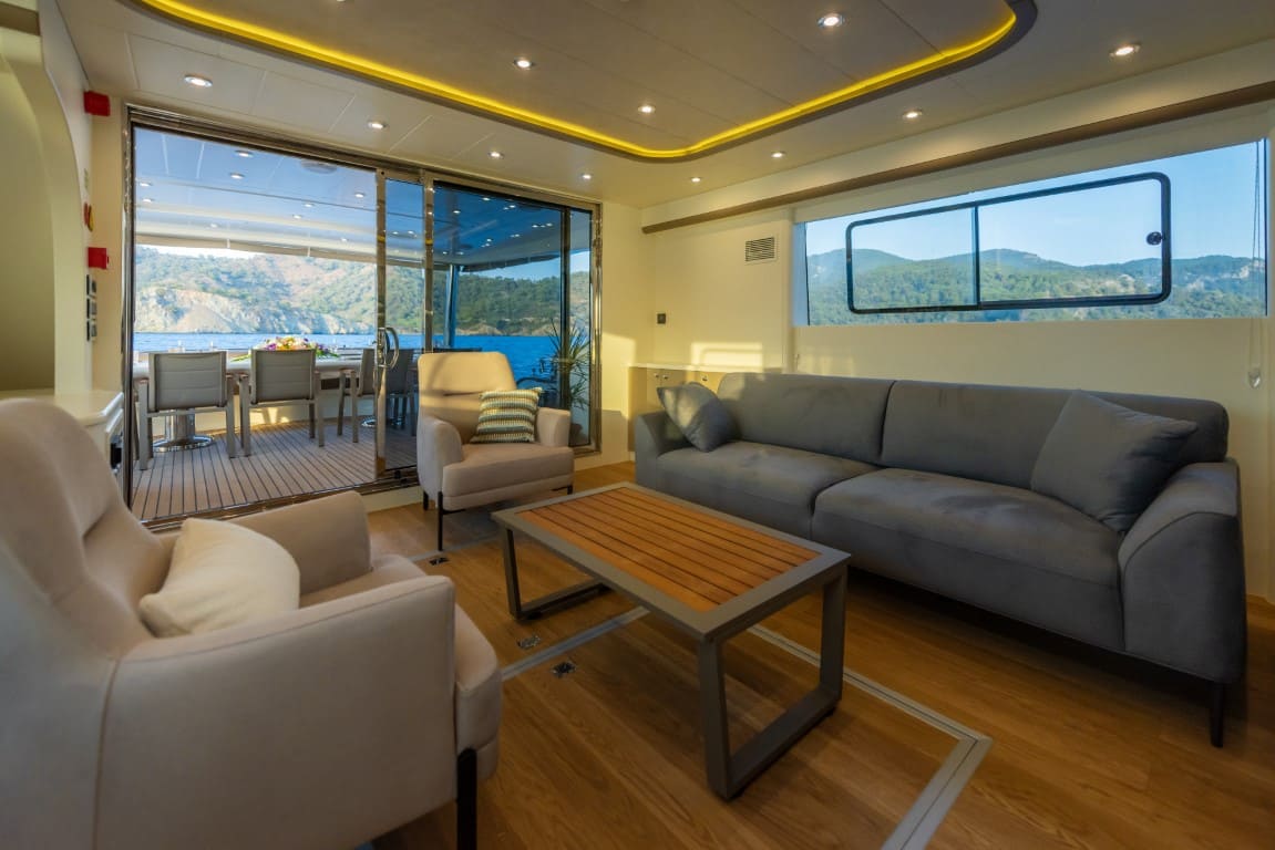 Lycian Dream trawler yacht modern saloon interior