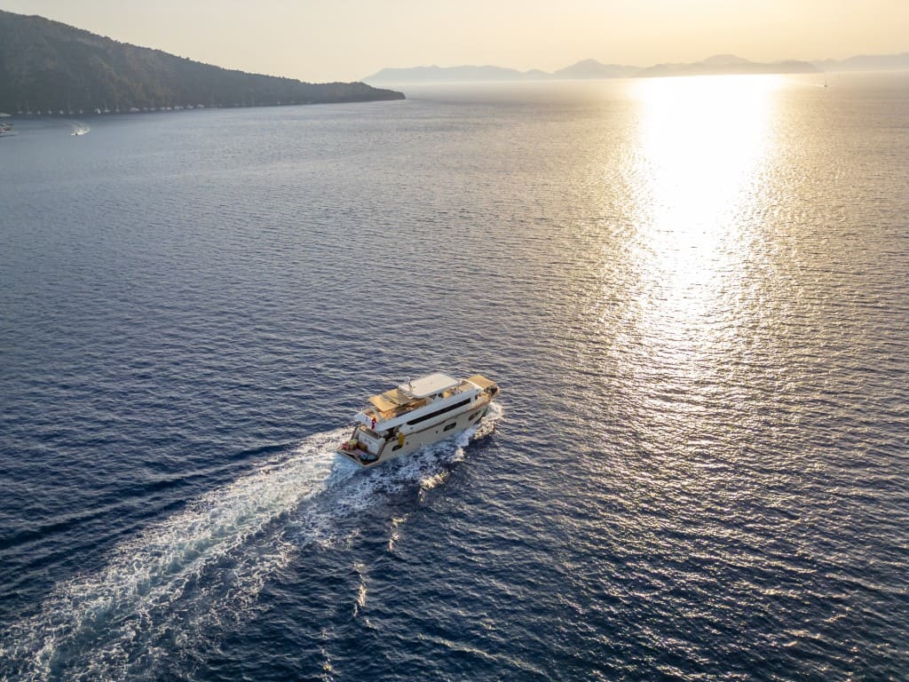 Lycian Dream trawler yacht anchored in the Aegean Sea