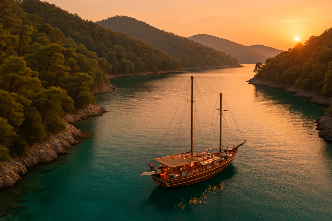 Traditional wooden gulet anchored in turquoise bay near Göcek at sunset with guests dining on deck
