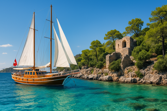 Traditional wooden gulet sailing on turquoise waters near rocky Turkish coast with pine trees and ruins