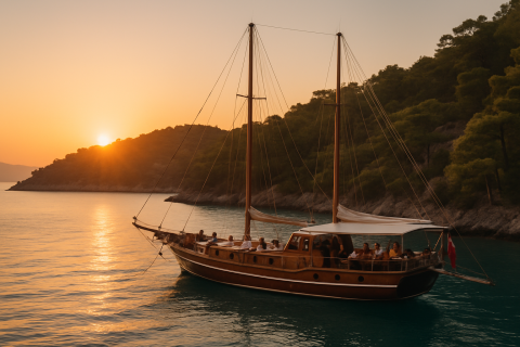 Traditional Turkish gulet anchored in a tranquil cove near Bodrum at sunset with guests dining on deck