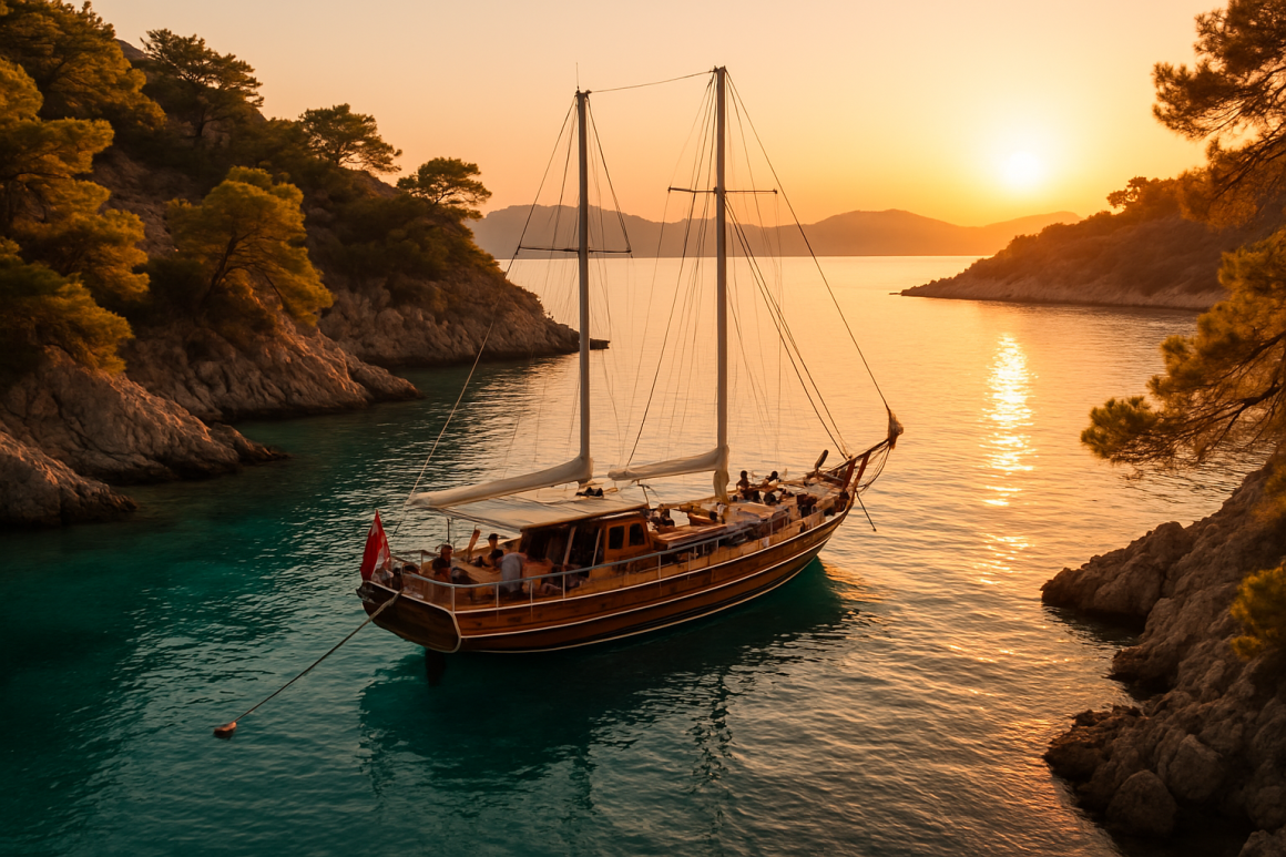 Traditional wooden gulet yacht anchored in a turquoise bay near Bodrum at sunset with calm waters and pine trees