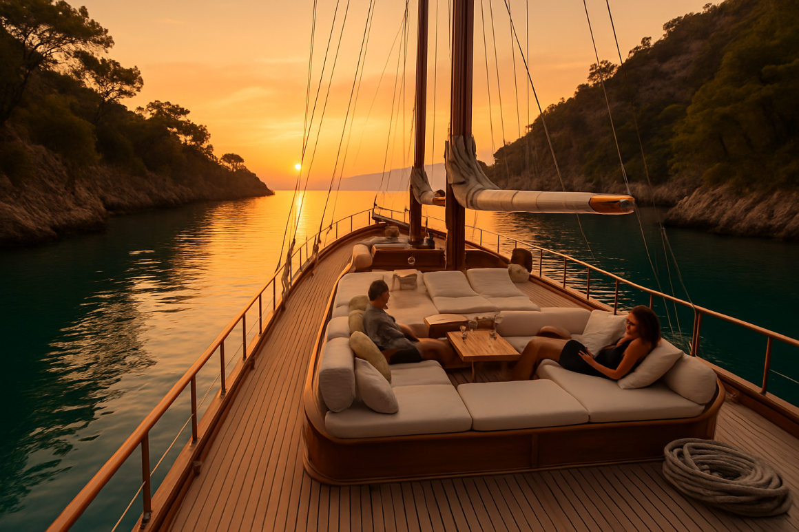 Traditional wooden gulet anchored in a secluded turquoise cove near Fethiye at sunset with guests relaxing on deck