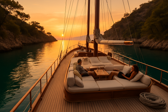 Traditional wooden gulet anchored in a secluded turquoise cove near Fethiye at sunset with guests relaxing on deck