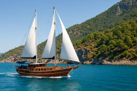 Traditional wooden gulet yacht sailing on turquoise sea near Fethiye coast with green hills