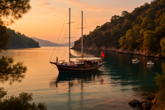 Wooden gulet anchored in a turquoise bay near Göcek at sunset with pine-covered cliffs and calm sea