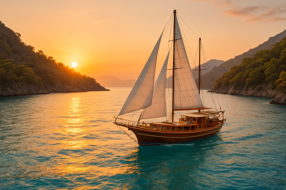 Traditional Turkish gulet sailing on clear blue waters near the Turkish Riviera coastline at sunset