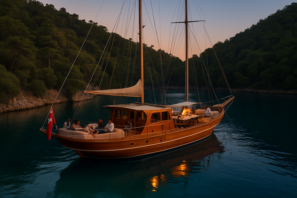 Traditional Turkish gulet anchored in a turquoise bay near Göcek at sunset with guests relaxing on deck and crew preparing food