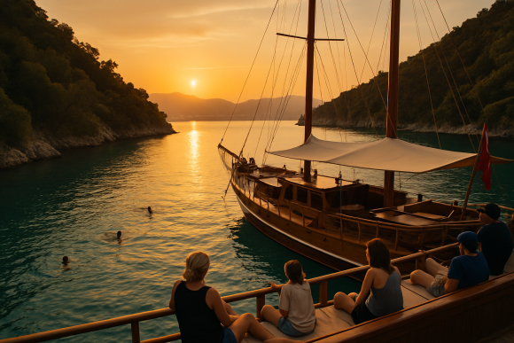 Traditional wooden gulet anchored in turquoise bay near Marmaris with passengers swimming at sunset
