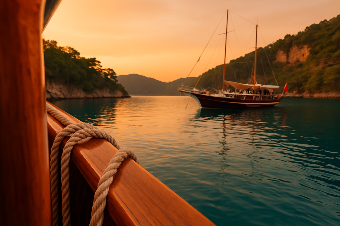 Traditional wooden gulet anchored in a calm bay near Göcek at sunset with pine-covered cliffs and orange sky reflection