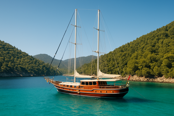 Gulet yacht sailing on turquoise waters along the Turkish Riviera